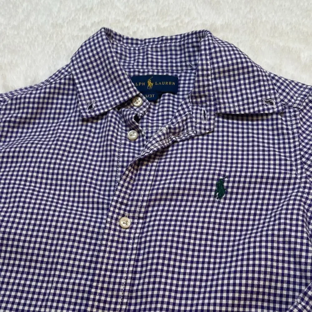 Ralph Lauren Purple Check Button Down Shirt sz 3T Pony Logo